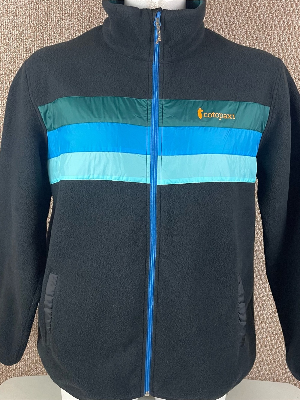 Cotopaxi Teca Fleece Jacket Mens XL Black Taffeta Stripes Mock Neck Full Zip